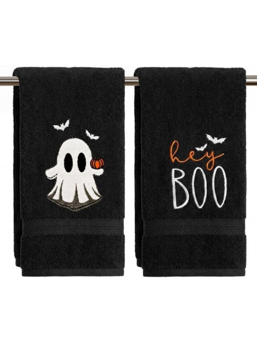 2 Pcs Black Ghost Boo Black Halloween Embroidered Hand Towels 13.7 x 29.5 Inch